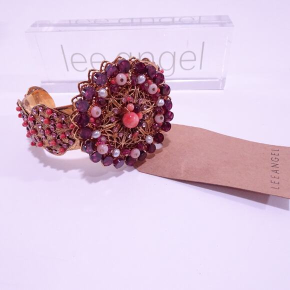 Vintage Lee Angel Crystal bead pearlized Circles Cuff Statement Bracelet NWT 498 - Picture 8 of 10